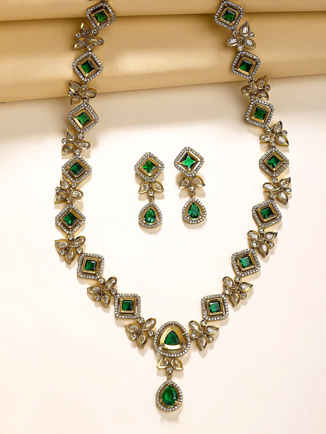 KARATCART Gold-Plated American Diamond Stone Studded Rani Haar Jewellery Set