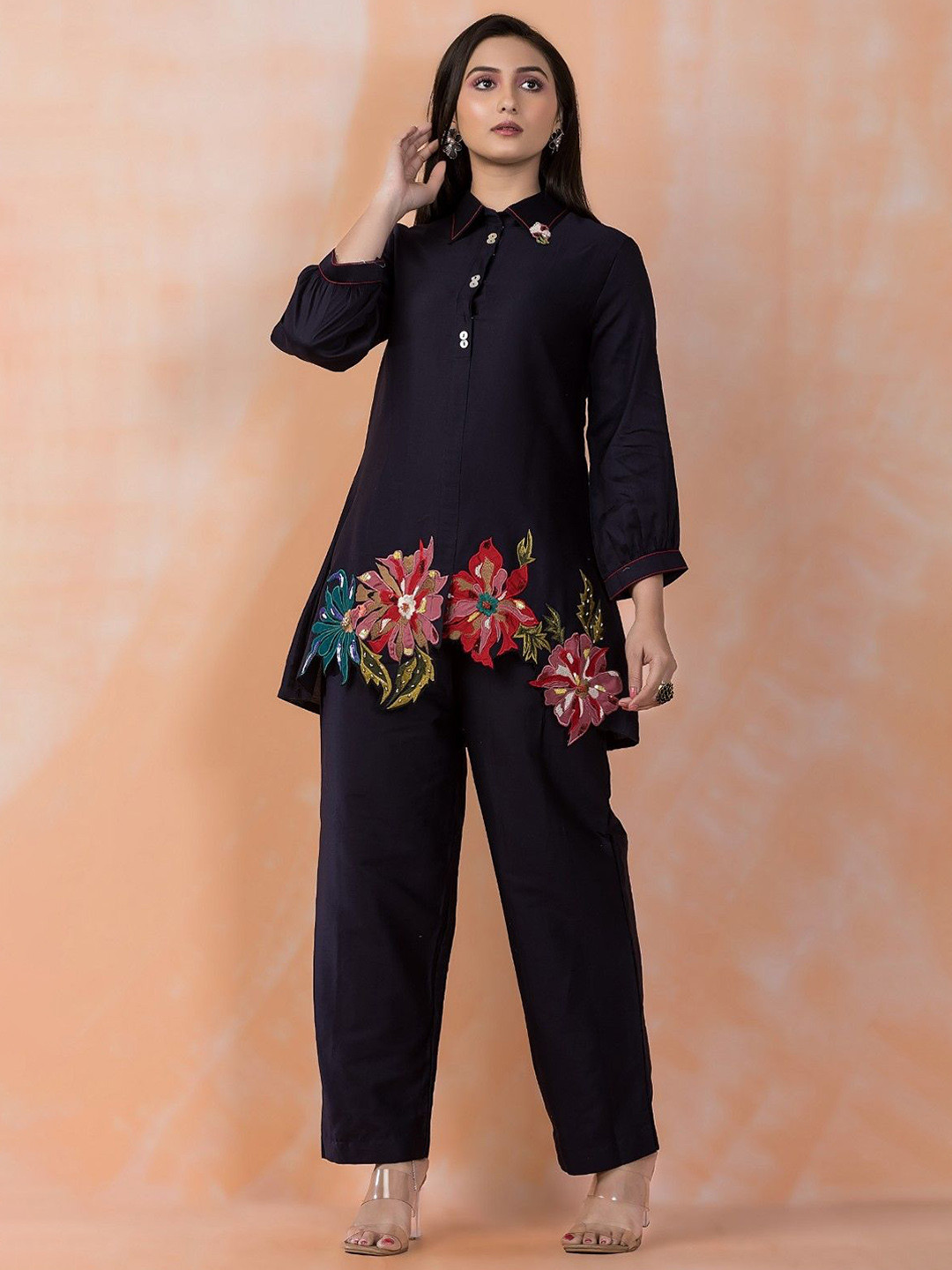AUTUMN LANE Sabhya Midnight Embroidered Shirt Collar Pure Cotton Tunic With Trousers