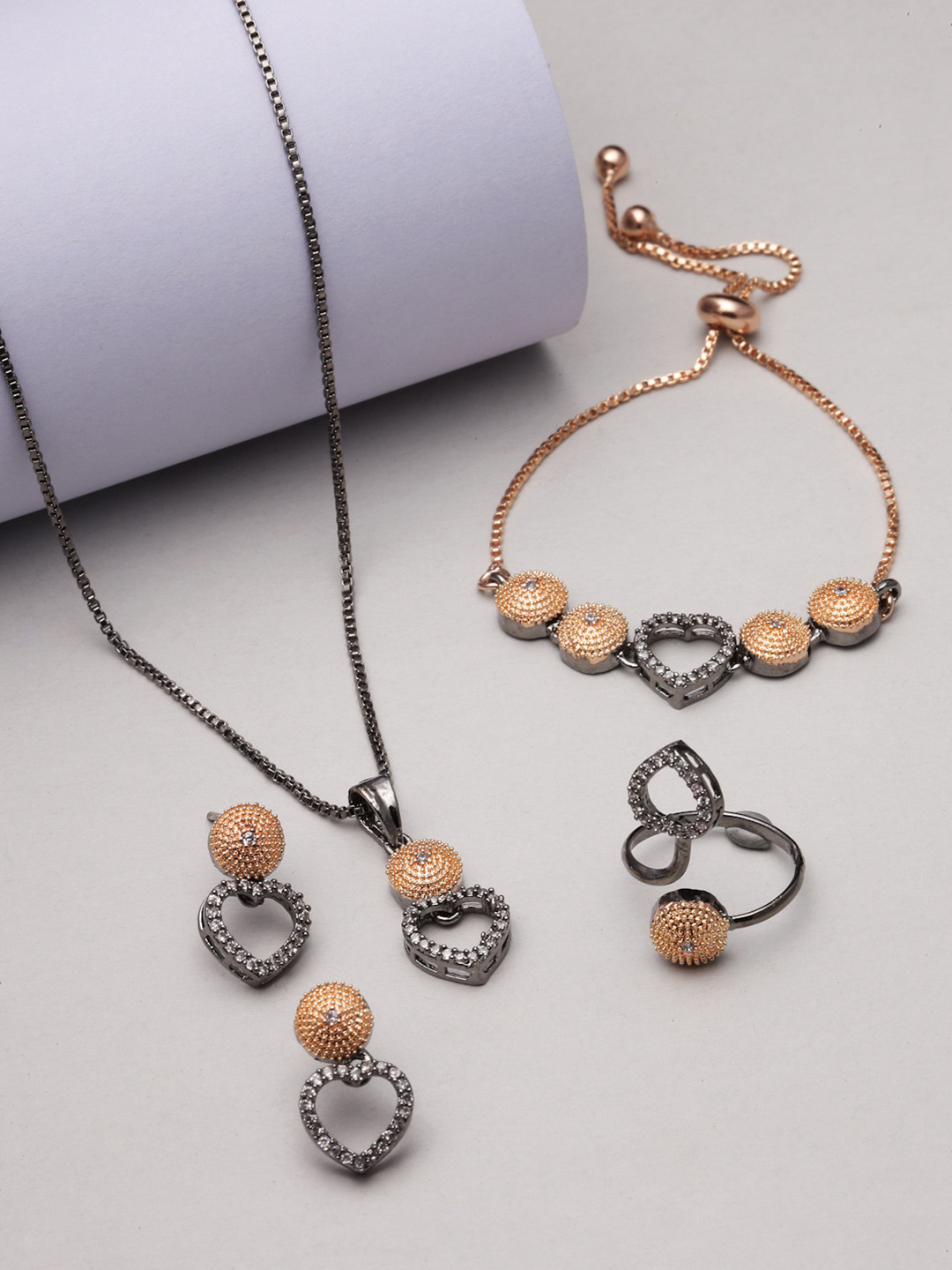 ZENEME Rose Gold-Plated Gunmetal toned white American Diamond Heart Shaped Jewellery Set