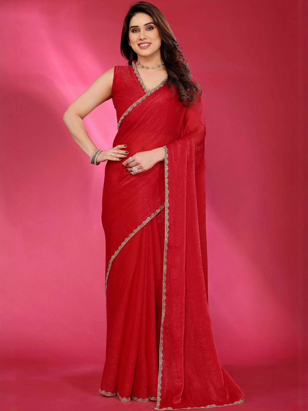 Red Solid Chiffon Saree with Unstitched Blouse Piece