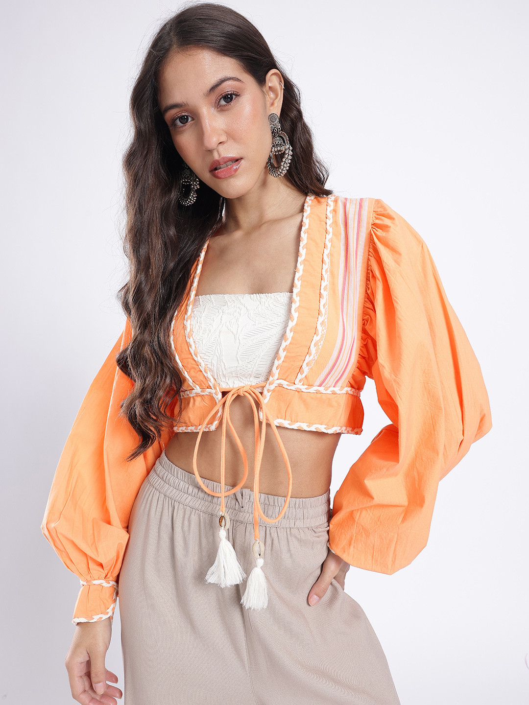 glitchez Striped Tie-Up Neck Braided Detail Cuffed Sleeves Crop Top