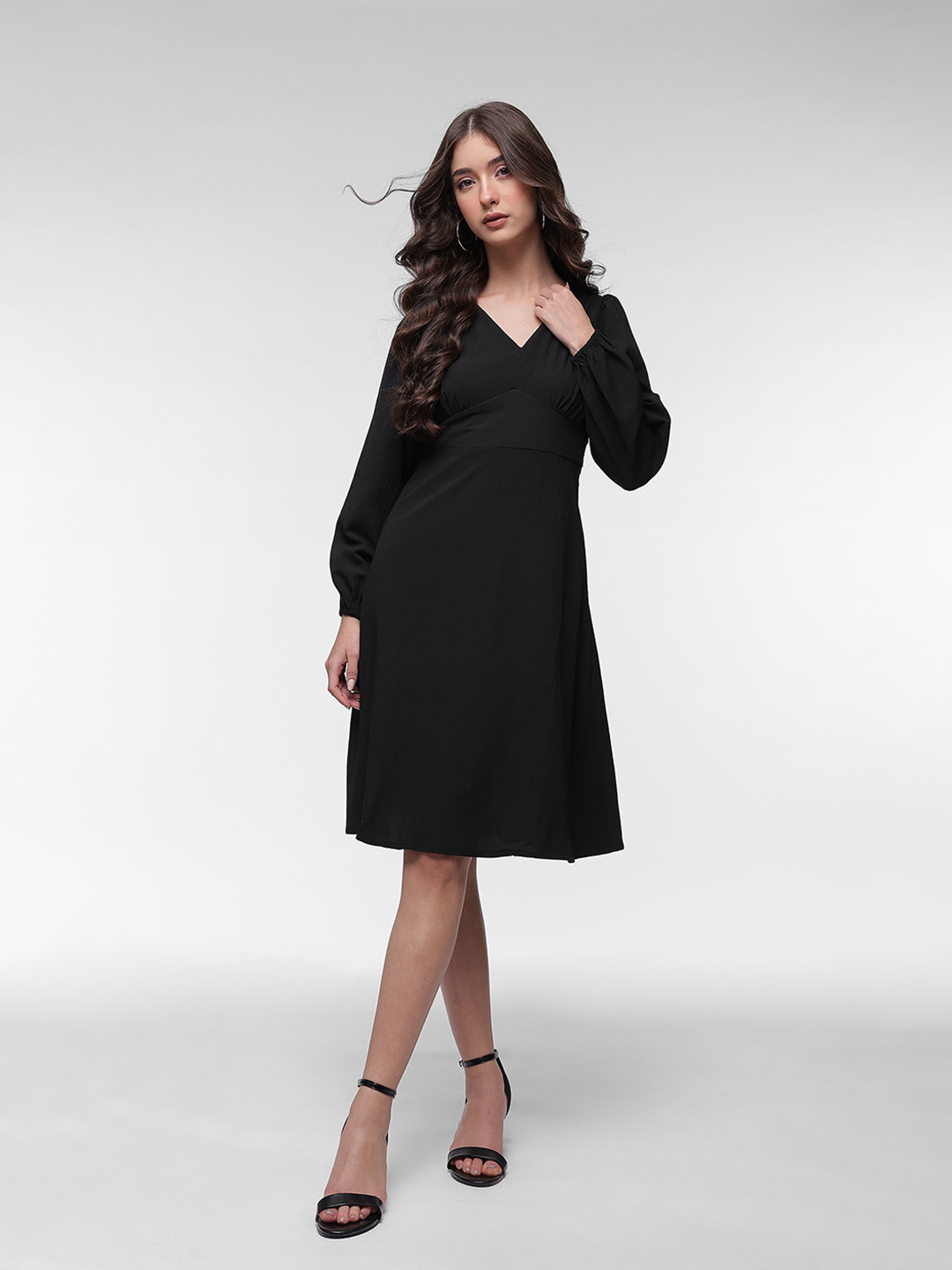 French Connection Plisse Effect Ruched Detail Puff Sleeves A-Line Dress