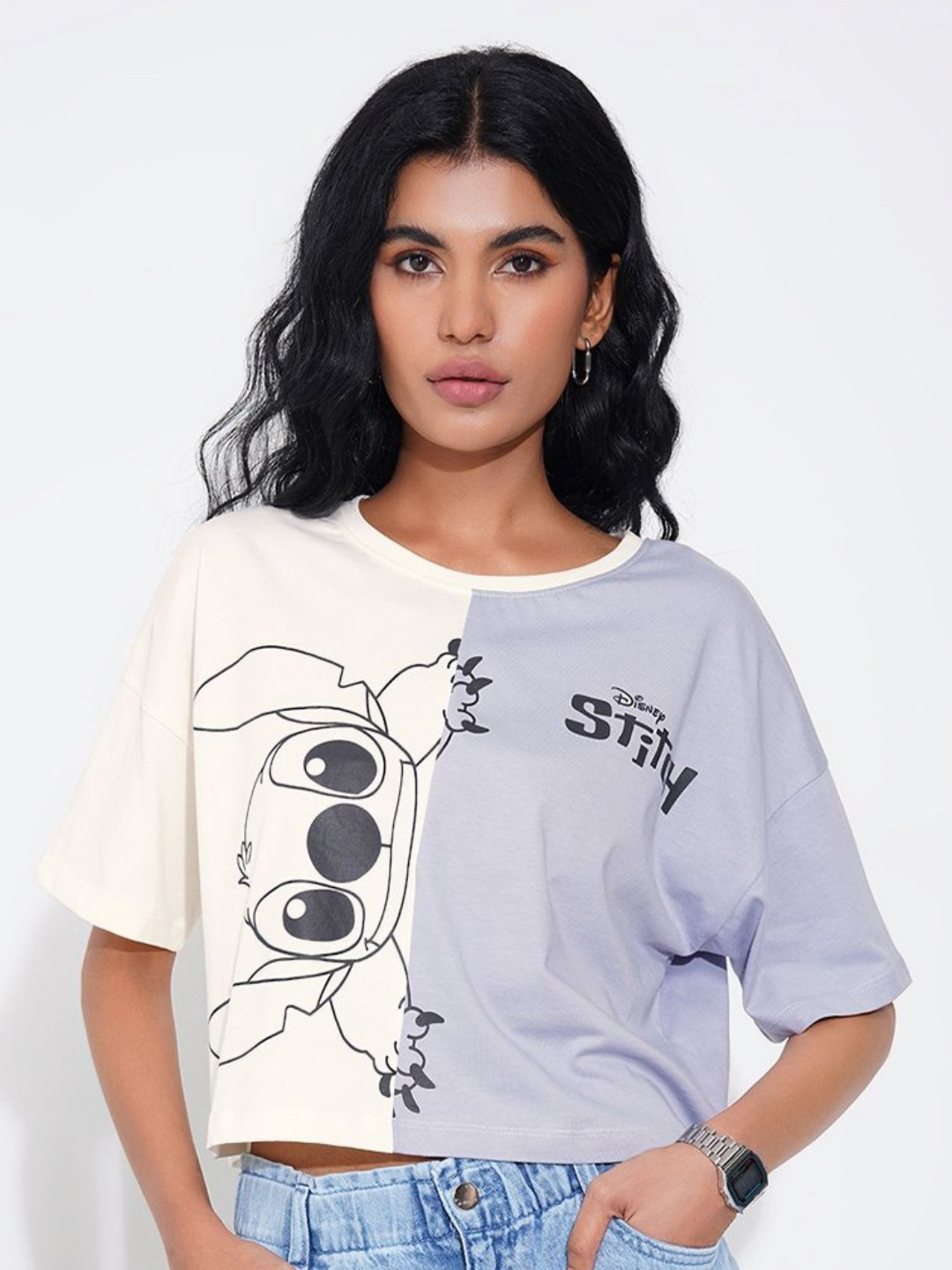 SF JEANS by Pantaloons Women Stitch Graphic Printed Round Neck Cotton Oversized T-shirt