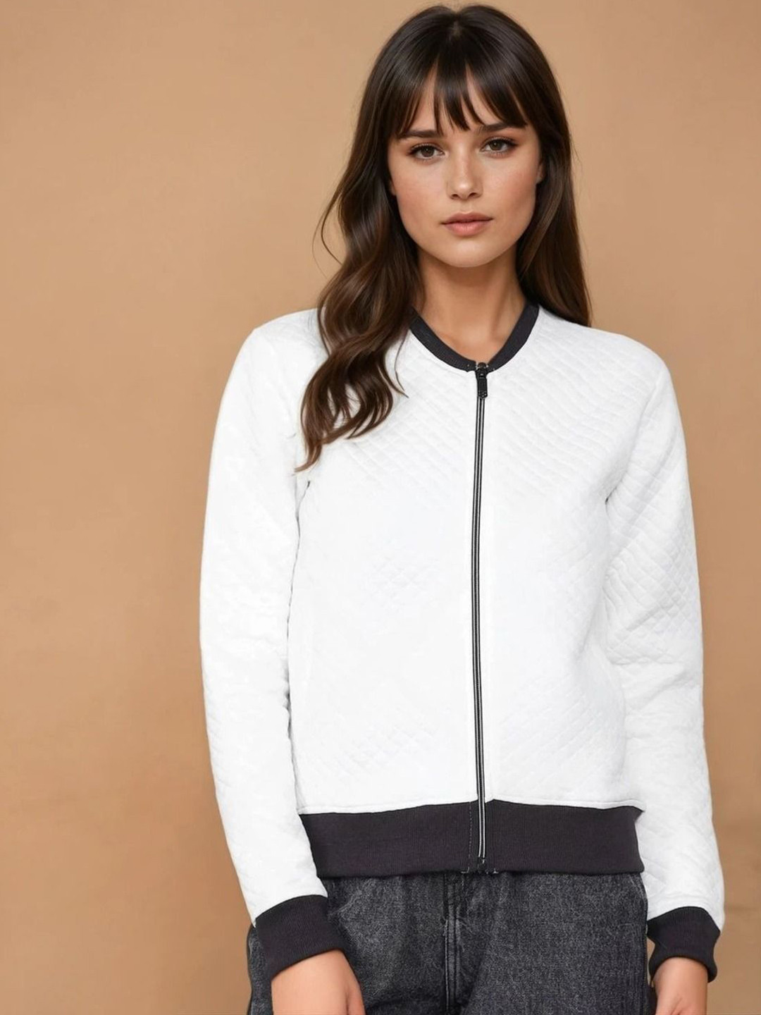 Kotty Women Mandarin Collar Self Design Bomber Jacket