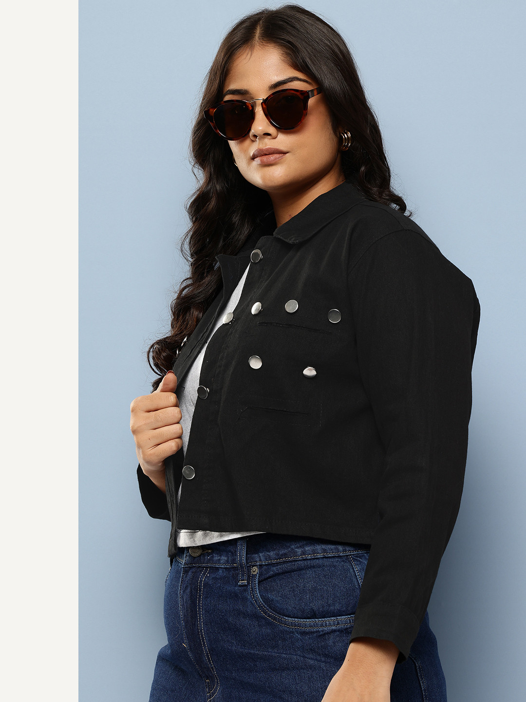 Aarika Women Button Detail Crop Denim Jacket