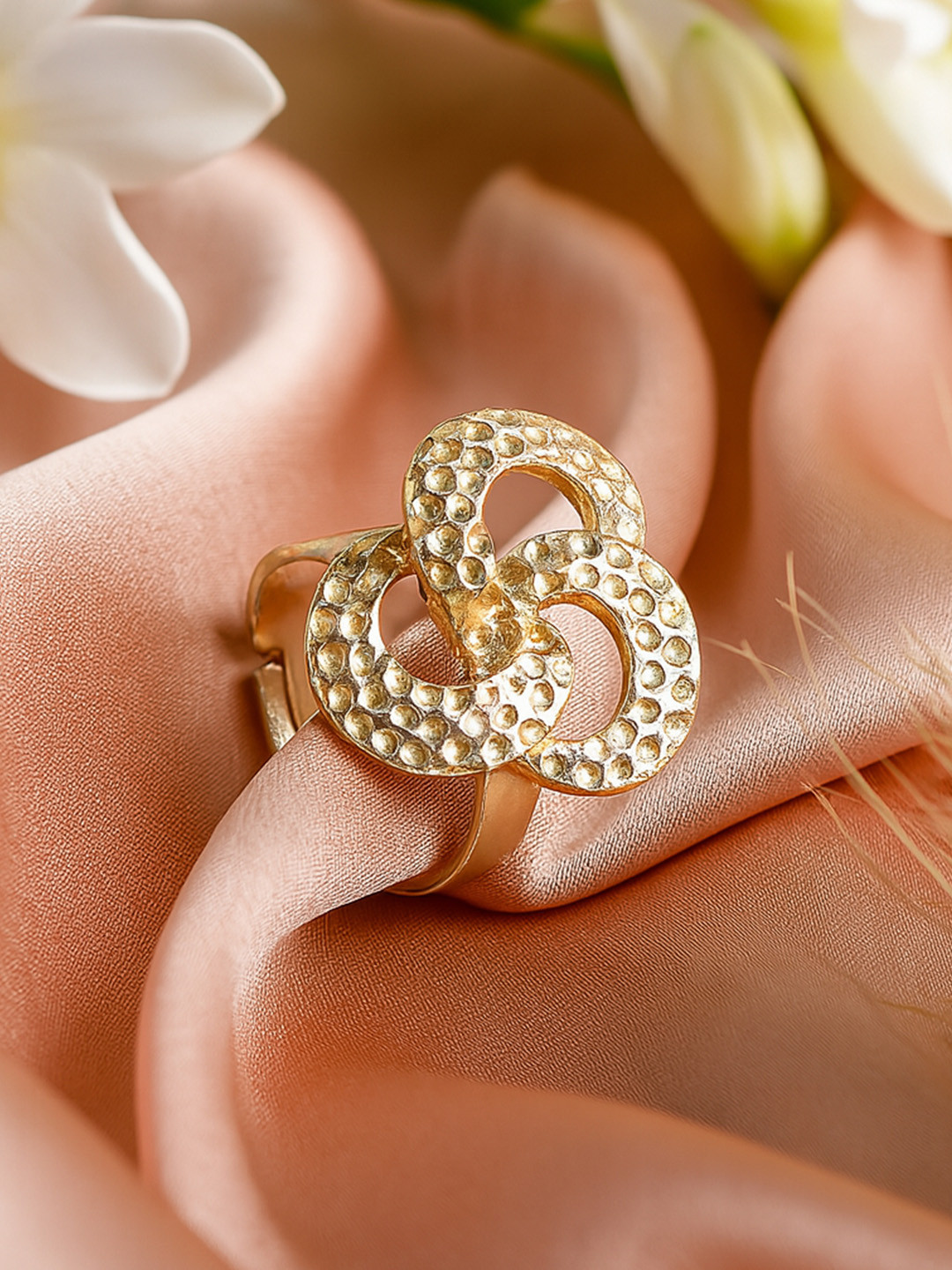 Estele Women Gold Plated Engraved Tri Circular Beaten Adjustable Finger Ring