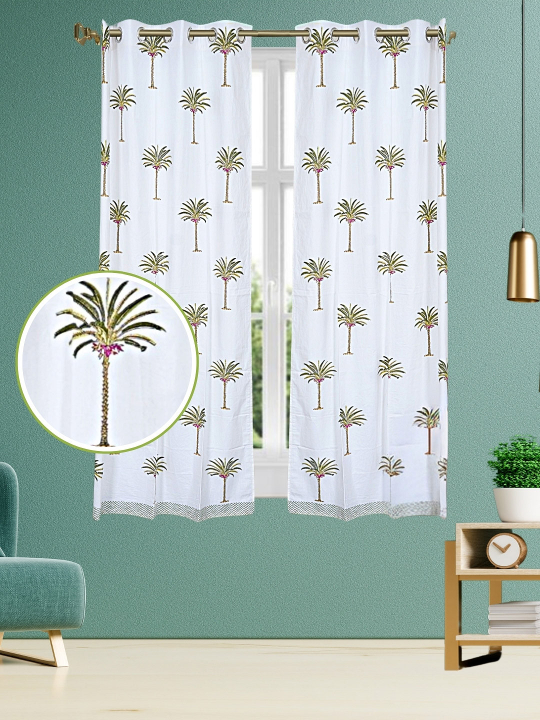 LIVING ROOTS White & Green 2 Pieces Tropical Block Printed Elegant Cotton Window Curtains