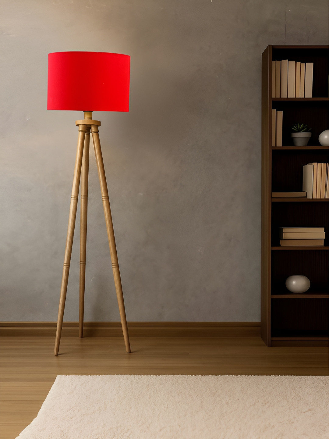 Devansh Brown & Red Drum shade With Wooden Tripod Lamp