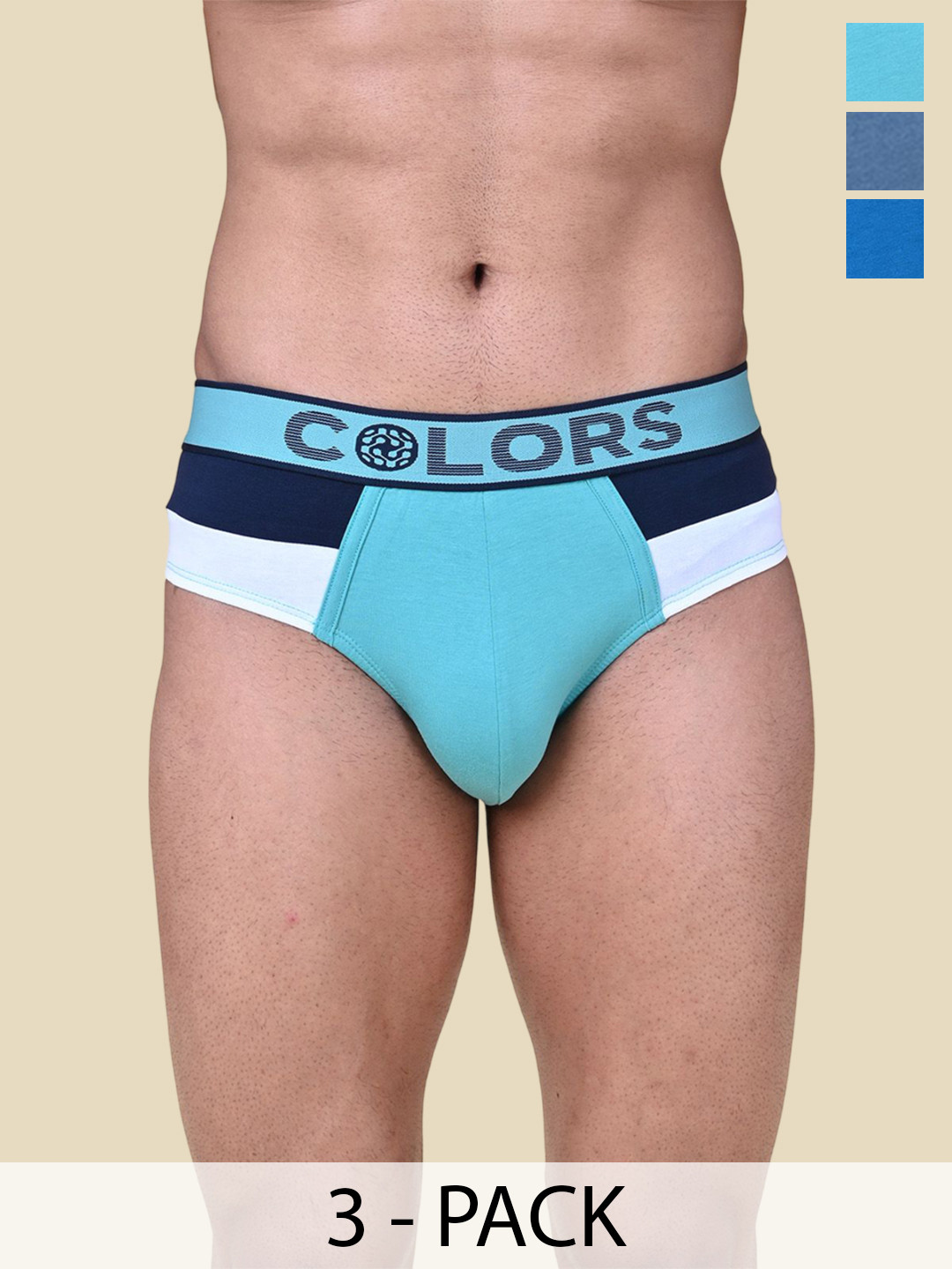 COLORS by Rupa Frontline Pack Of 3 Men Colourblock Basic Briefs 801-DMntNv-PecBlNv-TealBlk