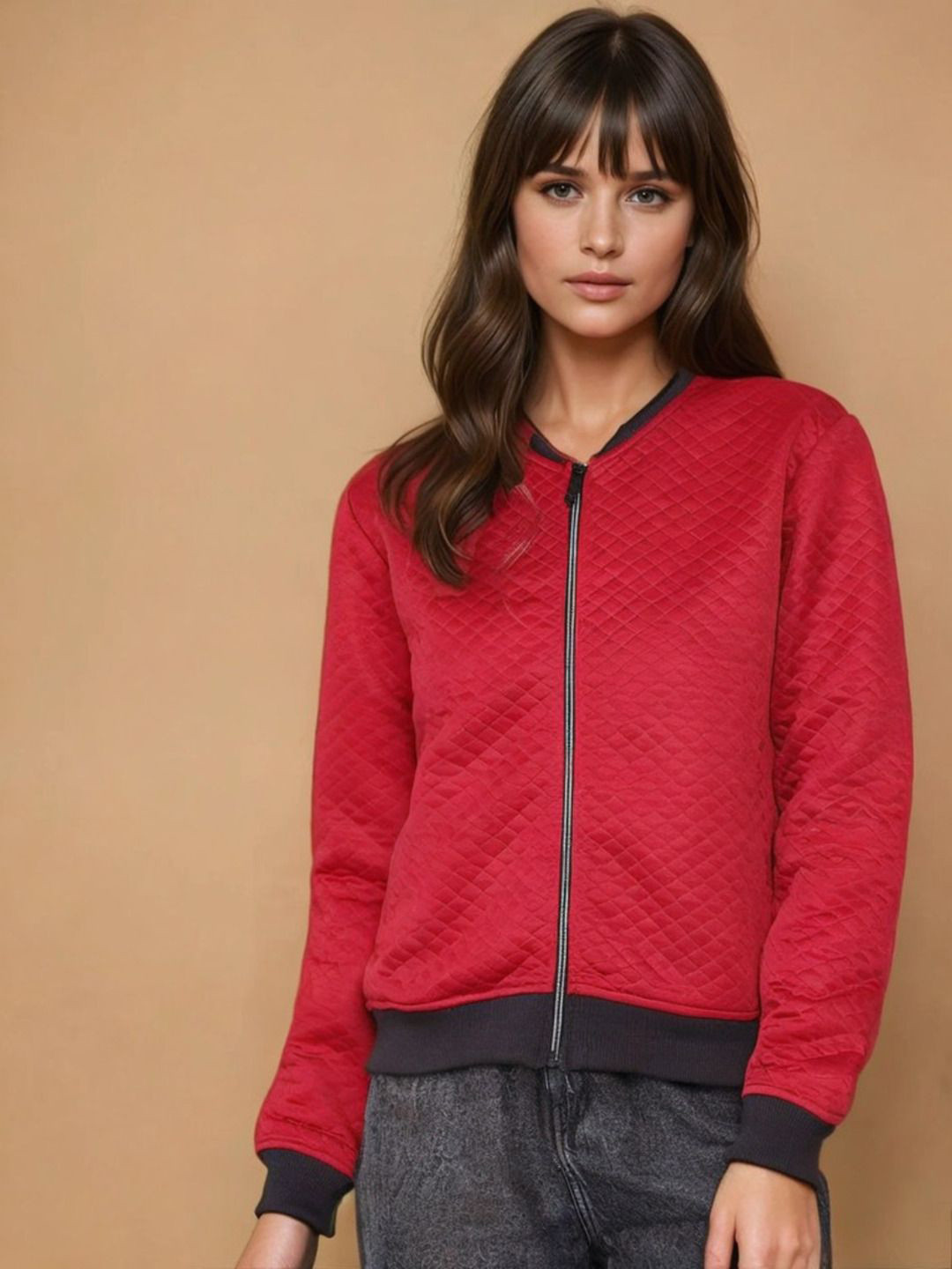 Kotty Women Mandarin Collar Self Design Bomber Jacket