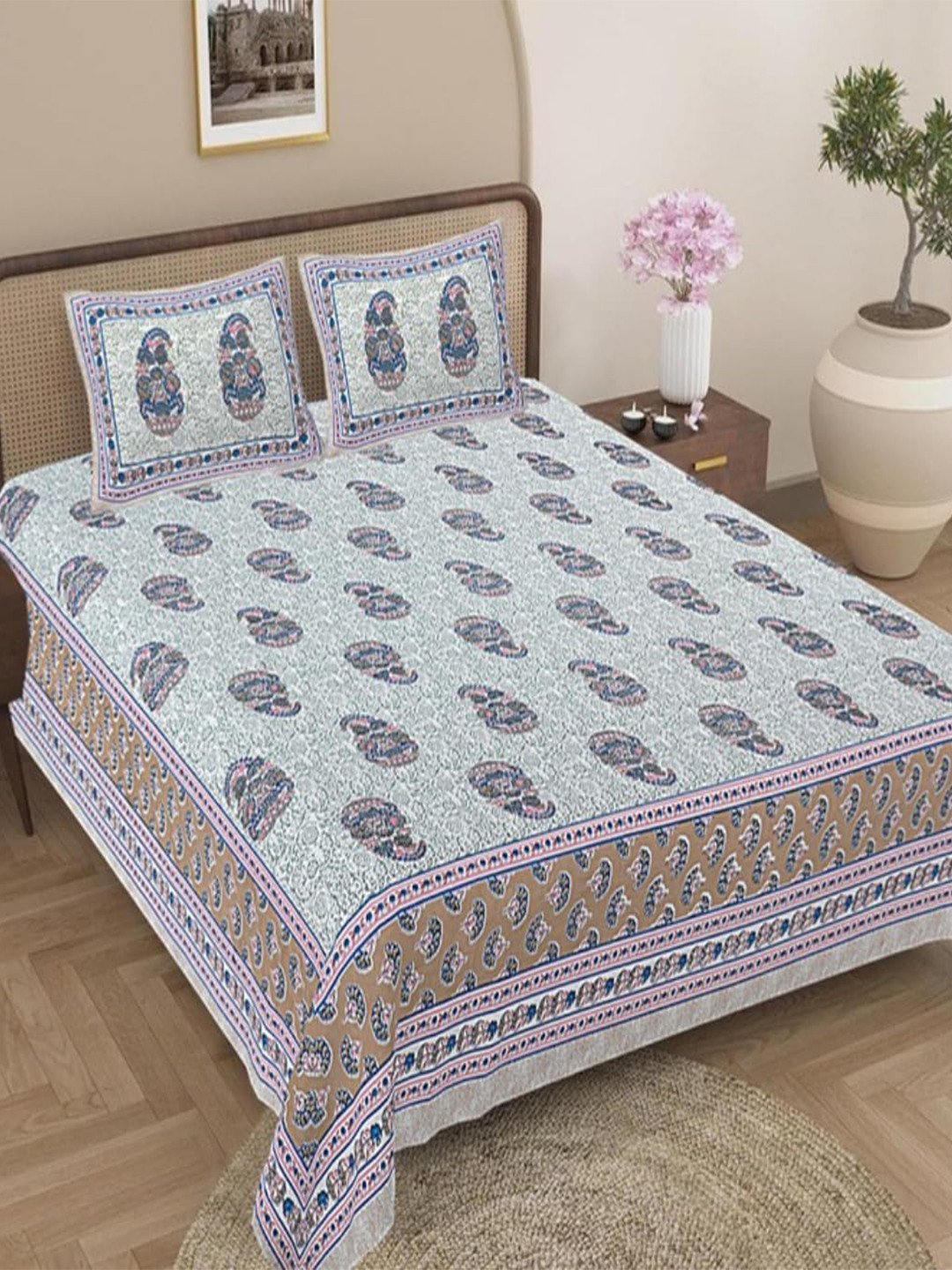 Jaipur Weaves Mustard Paisley Cotton Skin-Friendly 180 TC King Fine Bedsheet with 2 Pillow Covers-274 x 274 cm