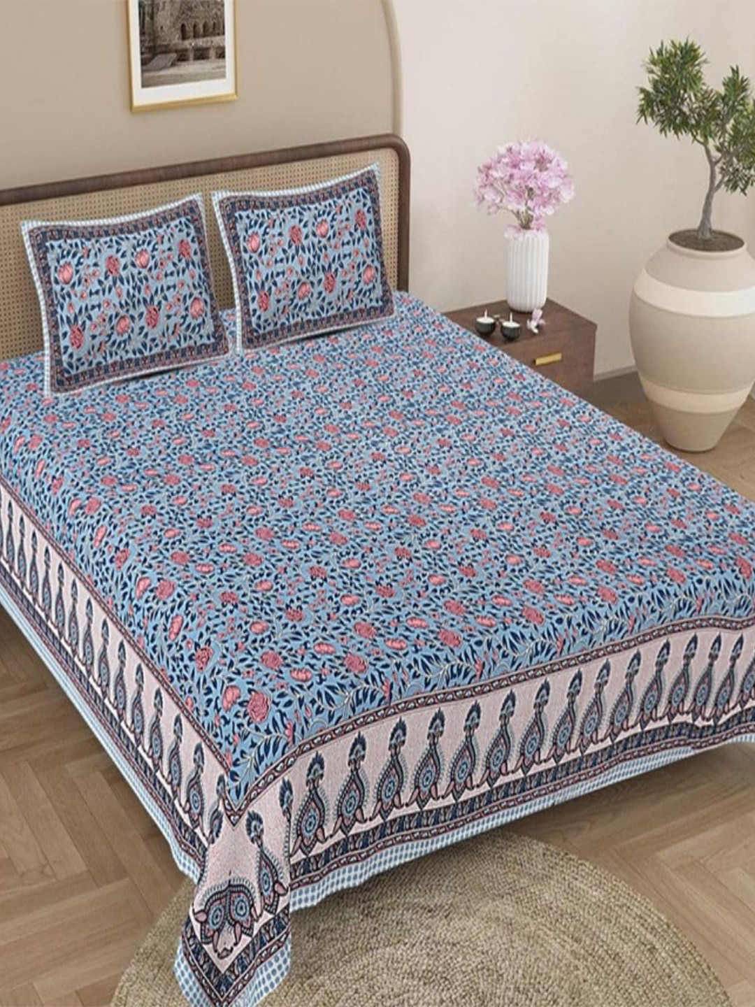 Jaipur Weaves Polaris Blue Ethnic Motifs Cotton Skin-Friendly 180 TC King Fine Bedsheet with 2 Pillow Covers-108 x 108 inches