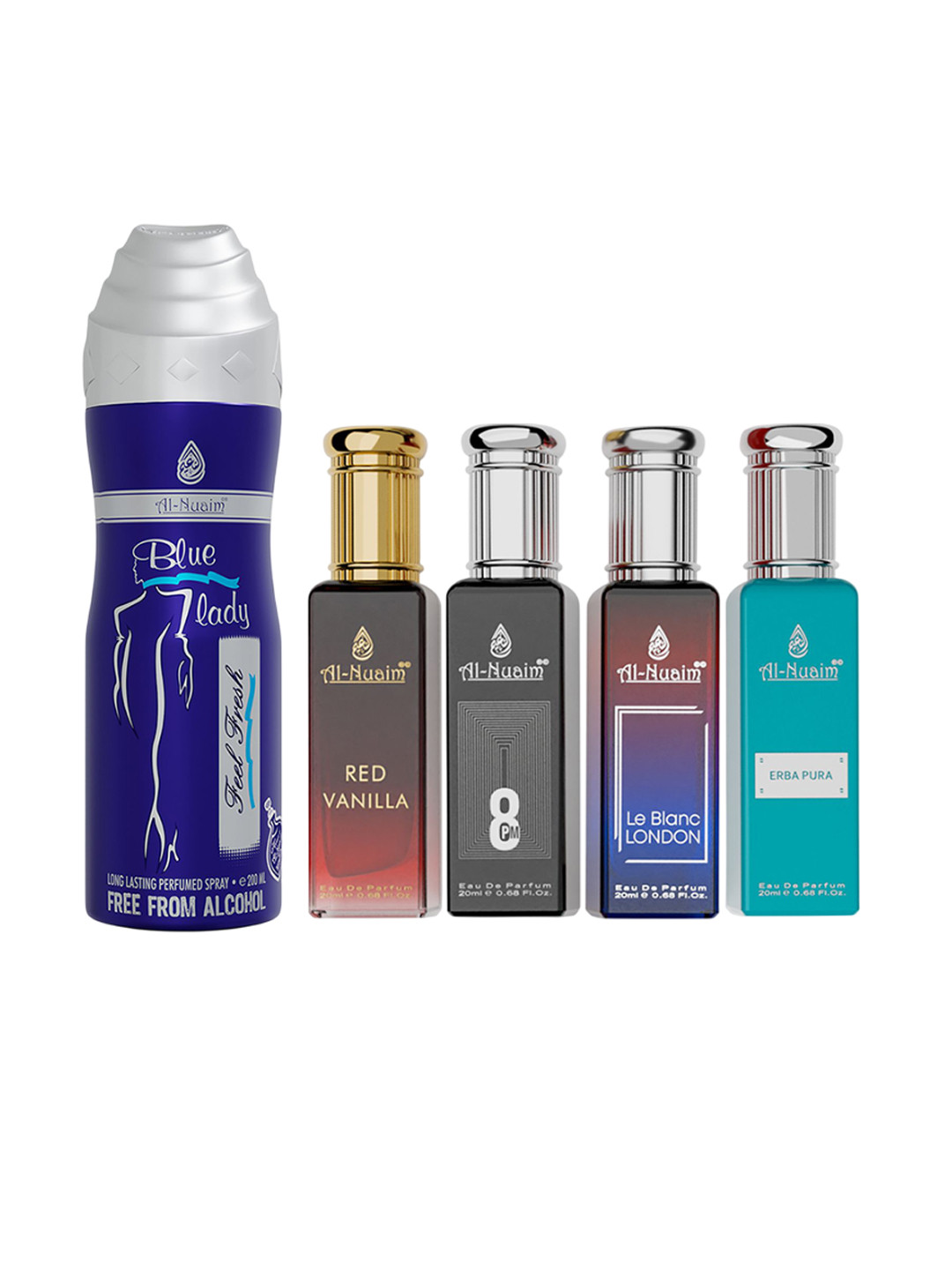 Al-Nuaim Set Of 5 Elite Eau De Parfum 20ml Each & Blue Lady Deodorant 200ml