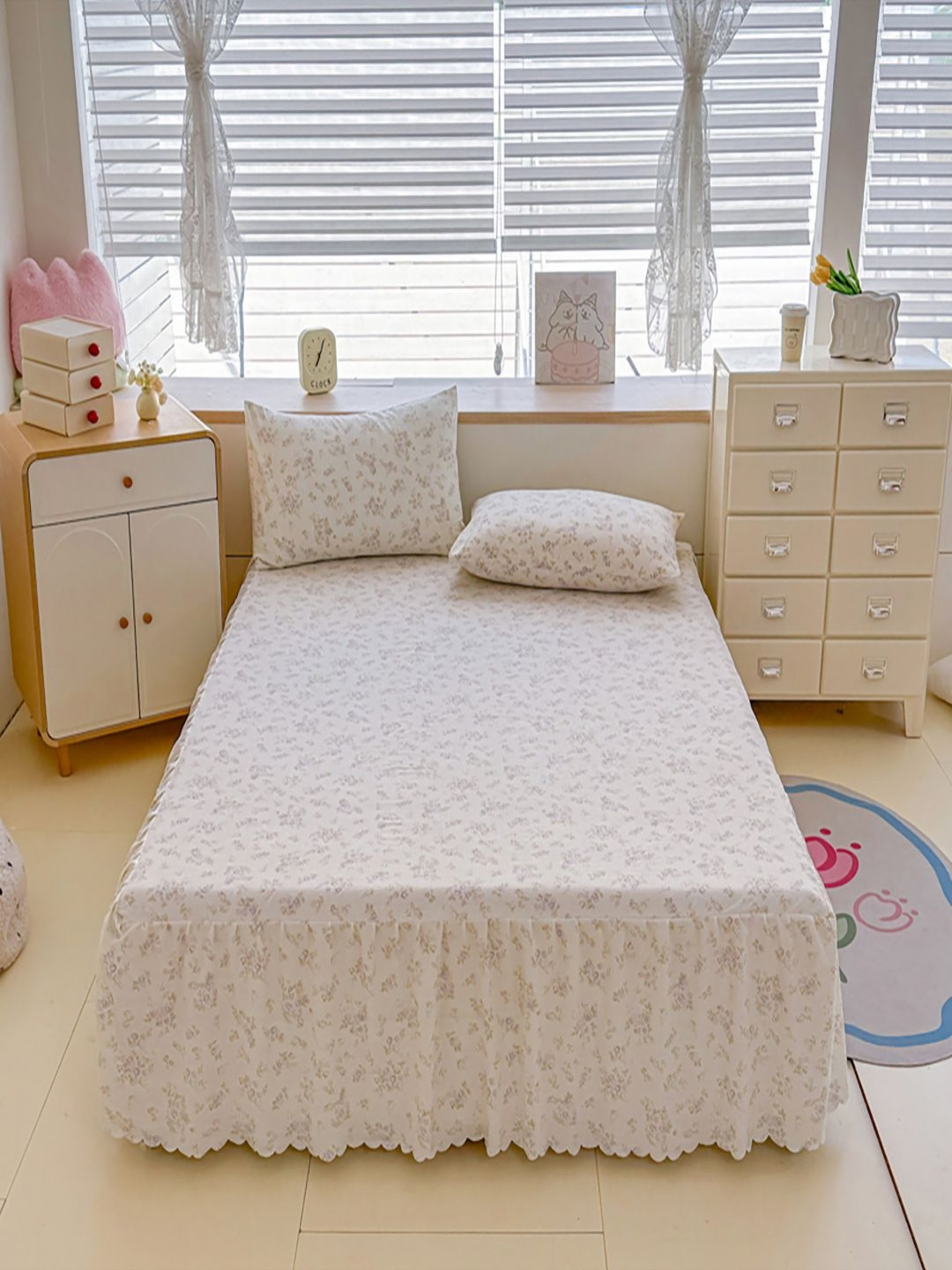 JC HOME Off White Floral 140 TC Single Bedsheet Set-1.2m x 2m