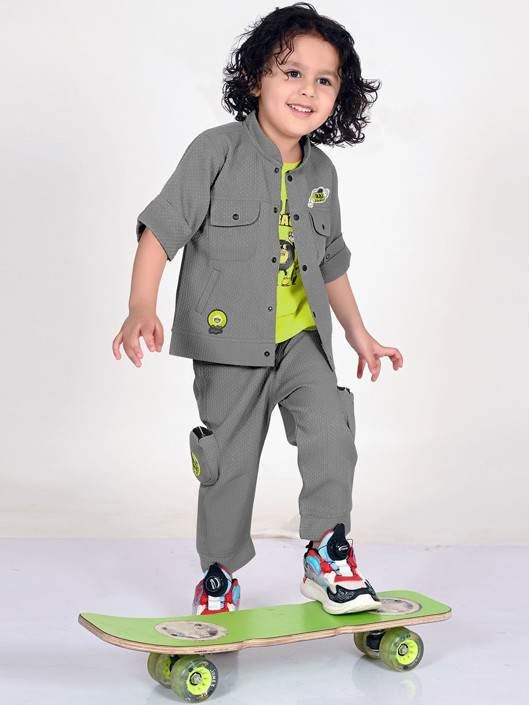 Bad Boys Grey Trendy Printed Mandarin Collar Long Sleeves Cotton Blend Clothing Set