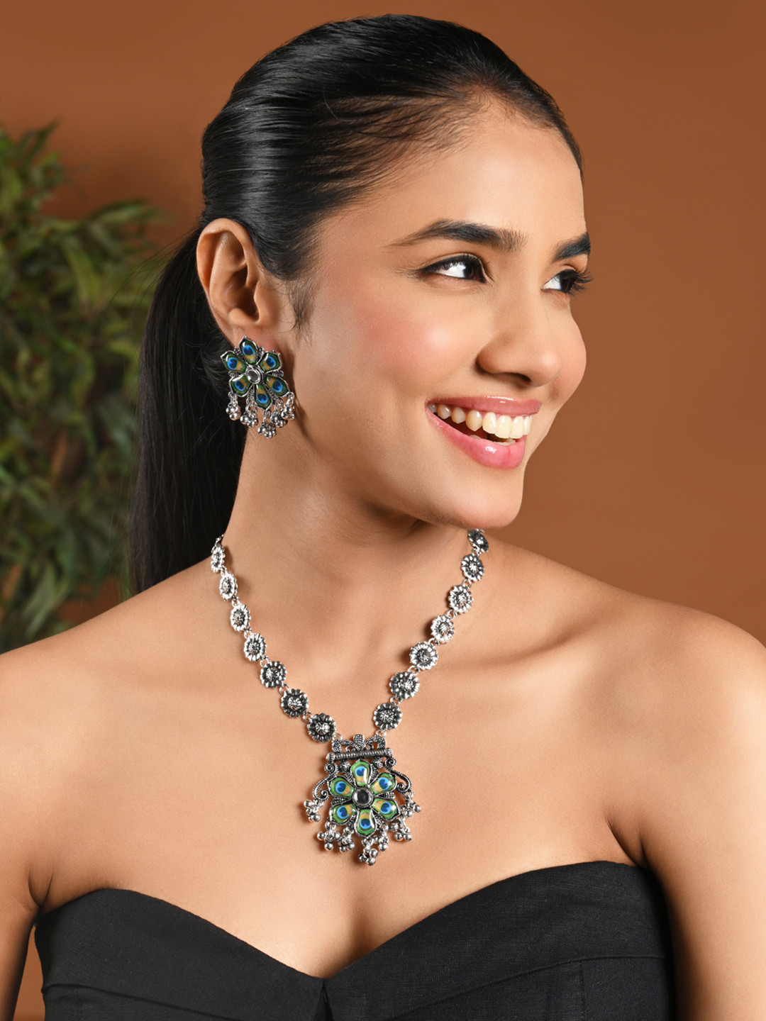 I Jewels Silver-Plated Oxidised Peacock Feather Jewellery Set