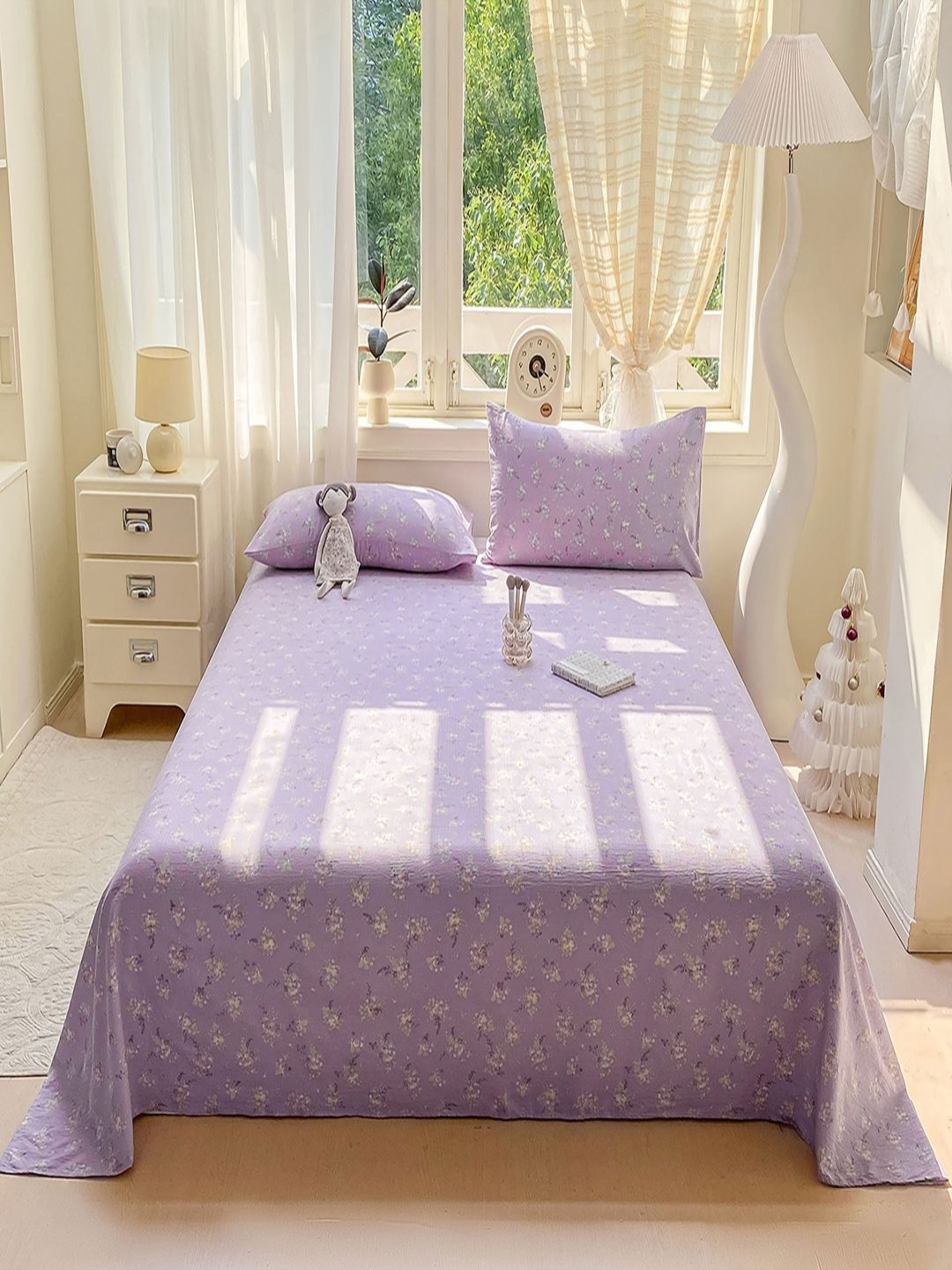 JC HOME Purple Floral 140 TC Queen Bedsheet Set- 2m x 2.3m