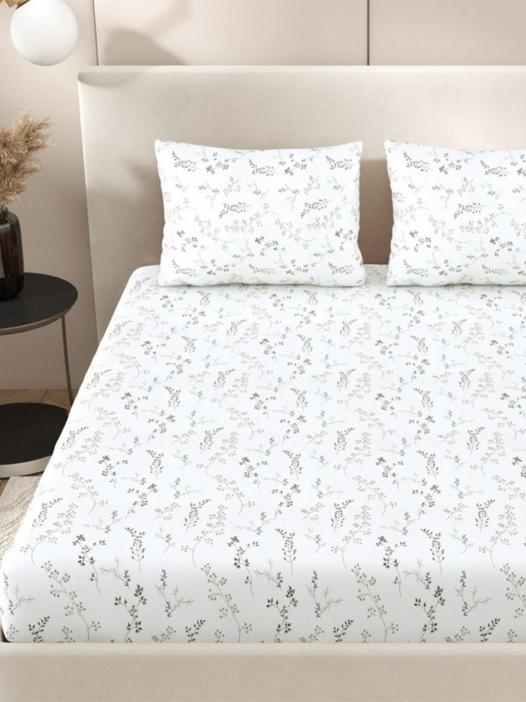 Jaipur Weaves Elena White Floral Cotton 240 TC Fitted King Fine Bedsheet with 2 Pillow Covers-108 x 108 inches