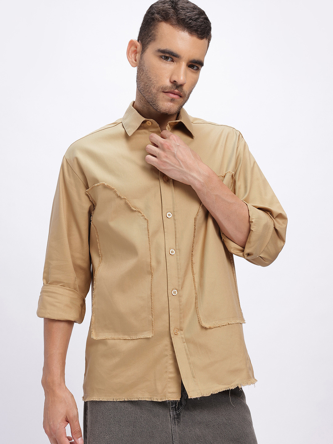 glitchez Patch Detail Frayed Hem Relaxed Fit Shirt