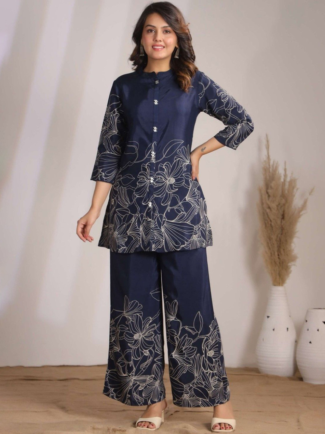 AUTUMN LANE Sylvie Azure Printed Mandarin Collar Linen Tunic With Palazzo Co-Ords