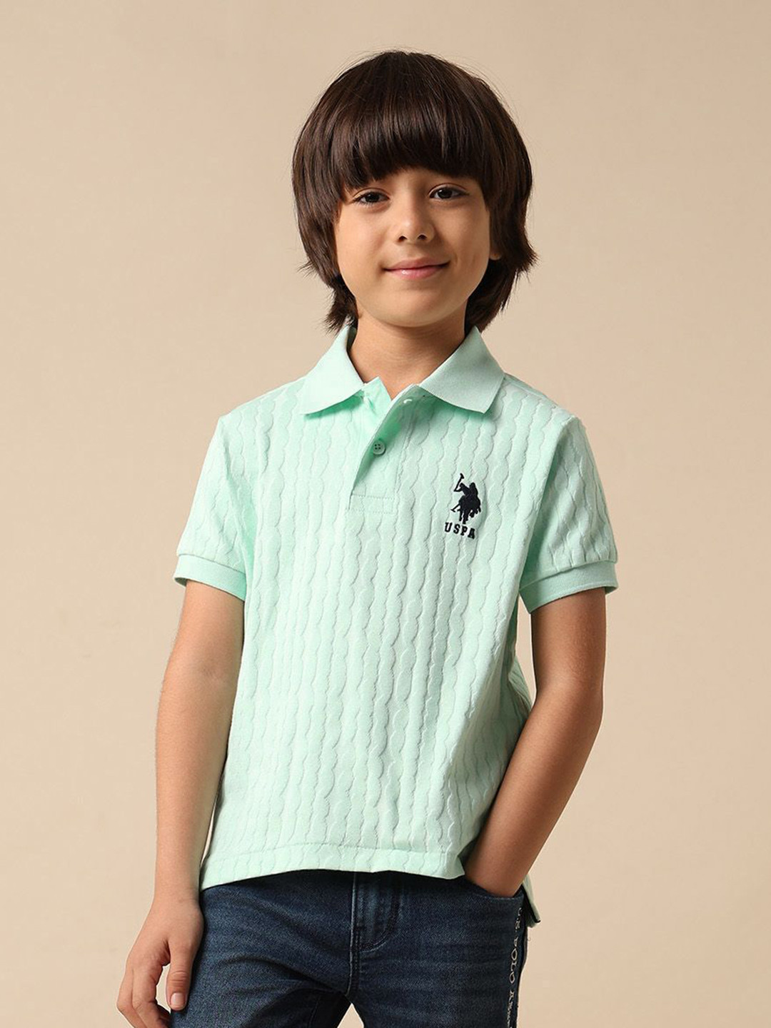Uspa Kids Boys Textured Pure Cotton Polo T-shirt