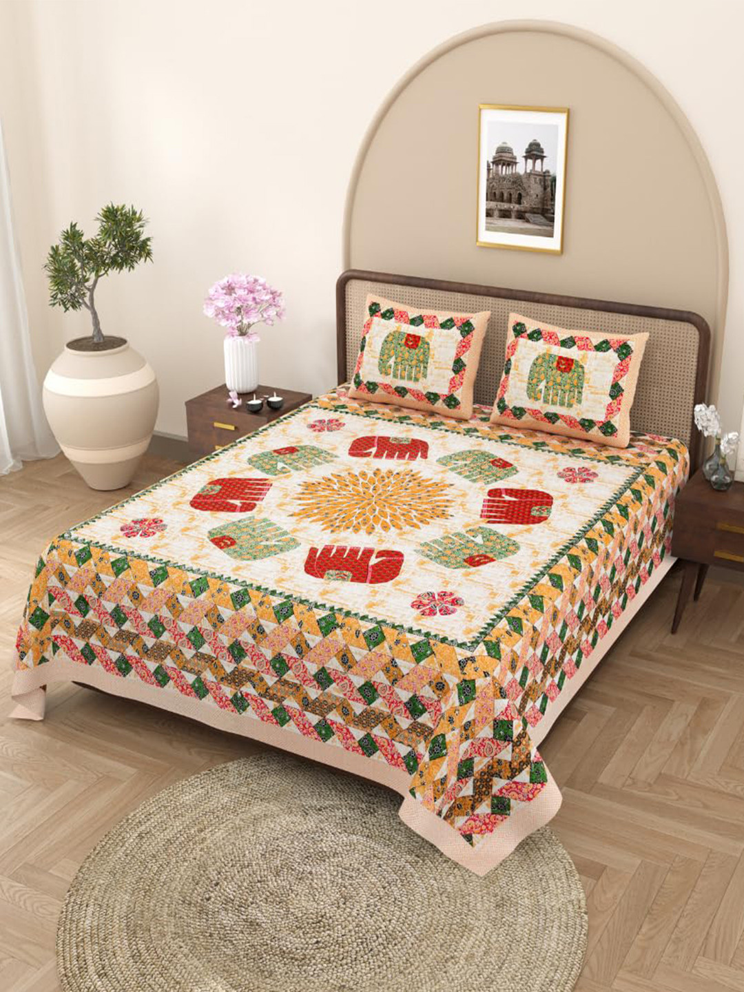 Jaipur Weaves Polaris Green Ethnic Motifs Cotton 180 TC King Fine Bedsheet with 2 Pillow Covers-108 x 108 inches