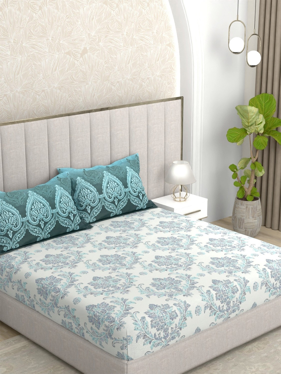 Pure Decor Ananda Blue Ethnic Motifs Cotton Breathable 350 TC Queen Superfine Bedsheet with 2 Pillow Covers-228 x 254 cm