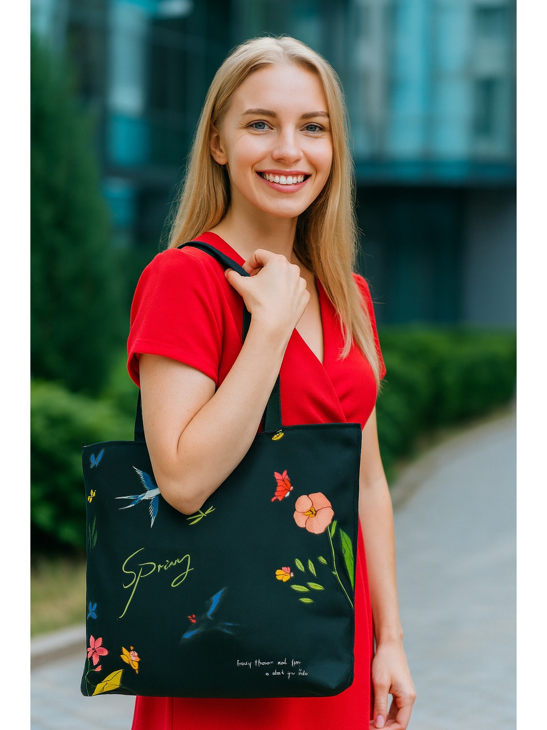 HSR Women Black & Blue Floral Printed Shopper Canvas Tote Bag