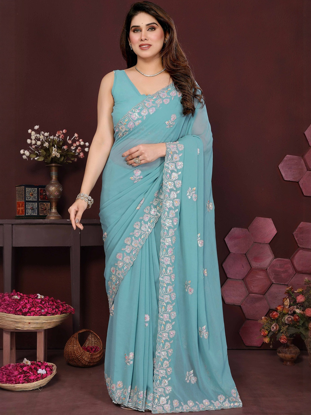 Blue Floral Sequin Embroidery Georgette Saree with Unstitched Blouse Piece