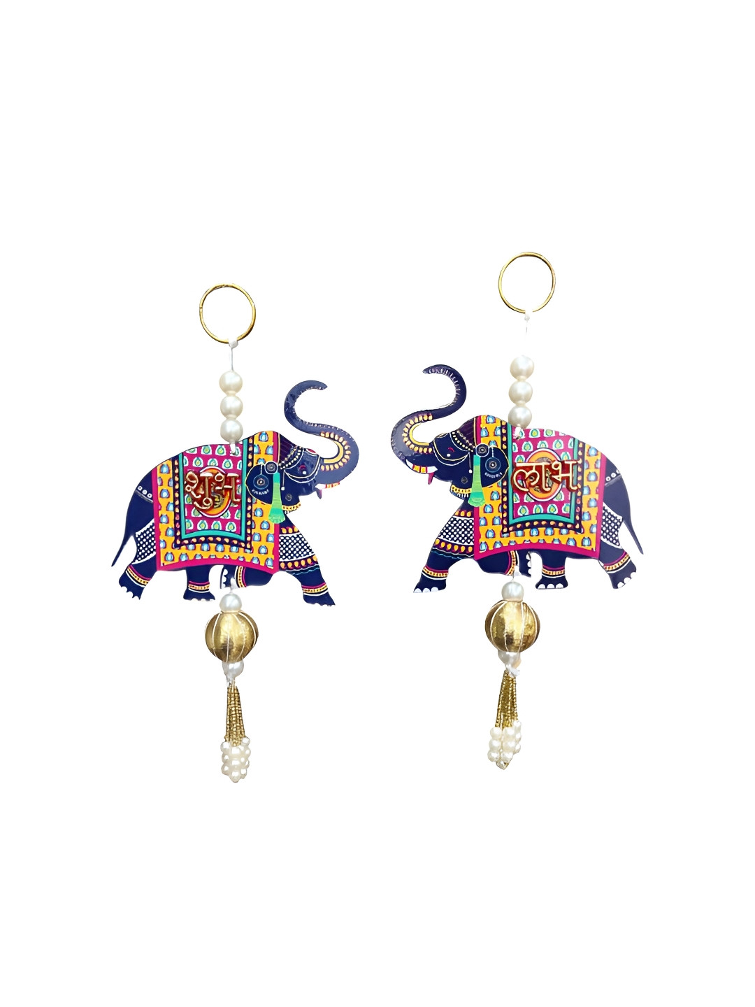 PUFFSMART Set of 2 Blue & Yellow Wooden Elephant Decorative BeadedHanging