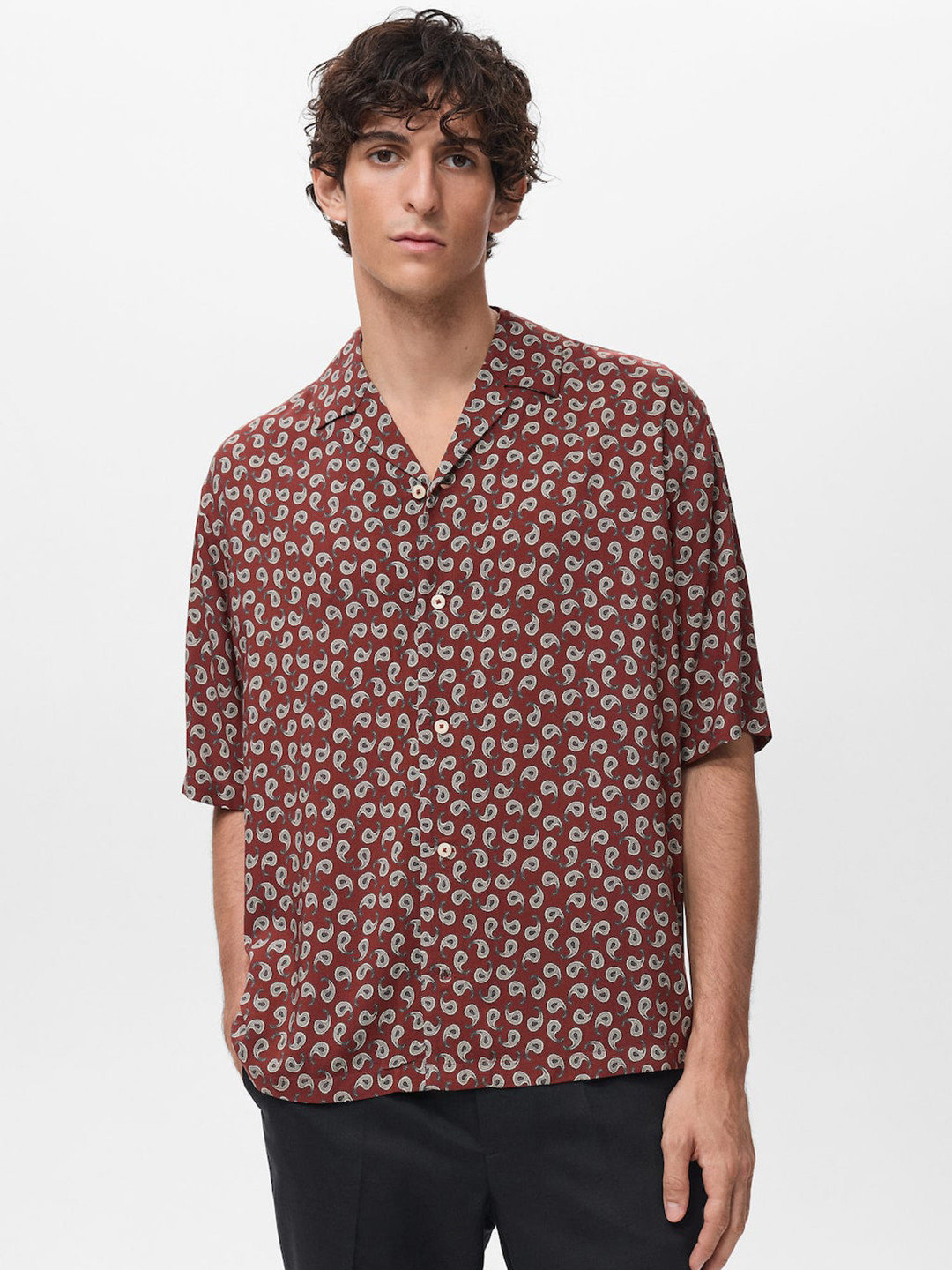 MANGO MAN Ethnic Motifs Printed Cuban Collar Casual Shirt