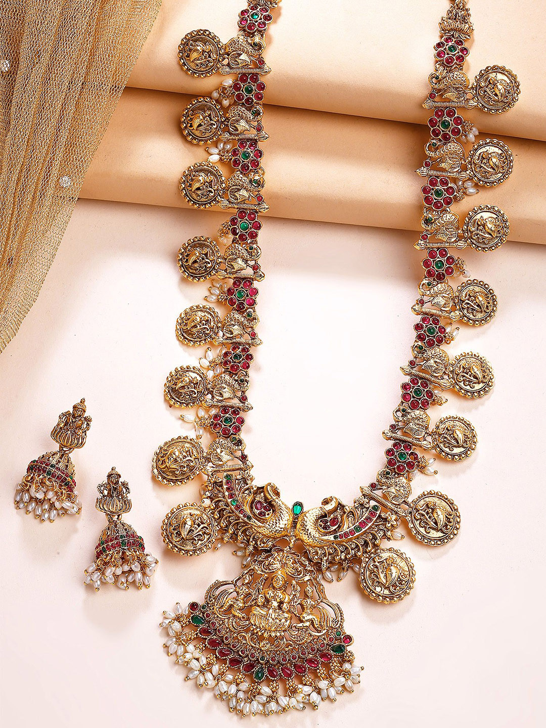 KARATCART Gold-Plated Laxmi Mata & Peacock Rani Haar Temple Jewellery Set