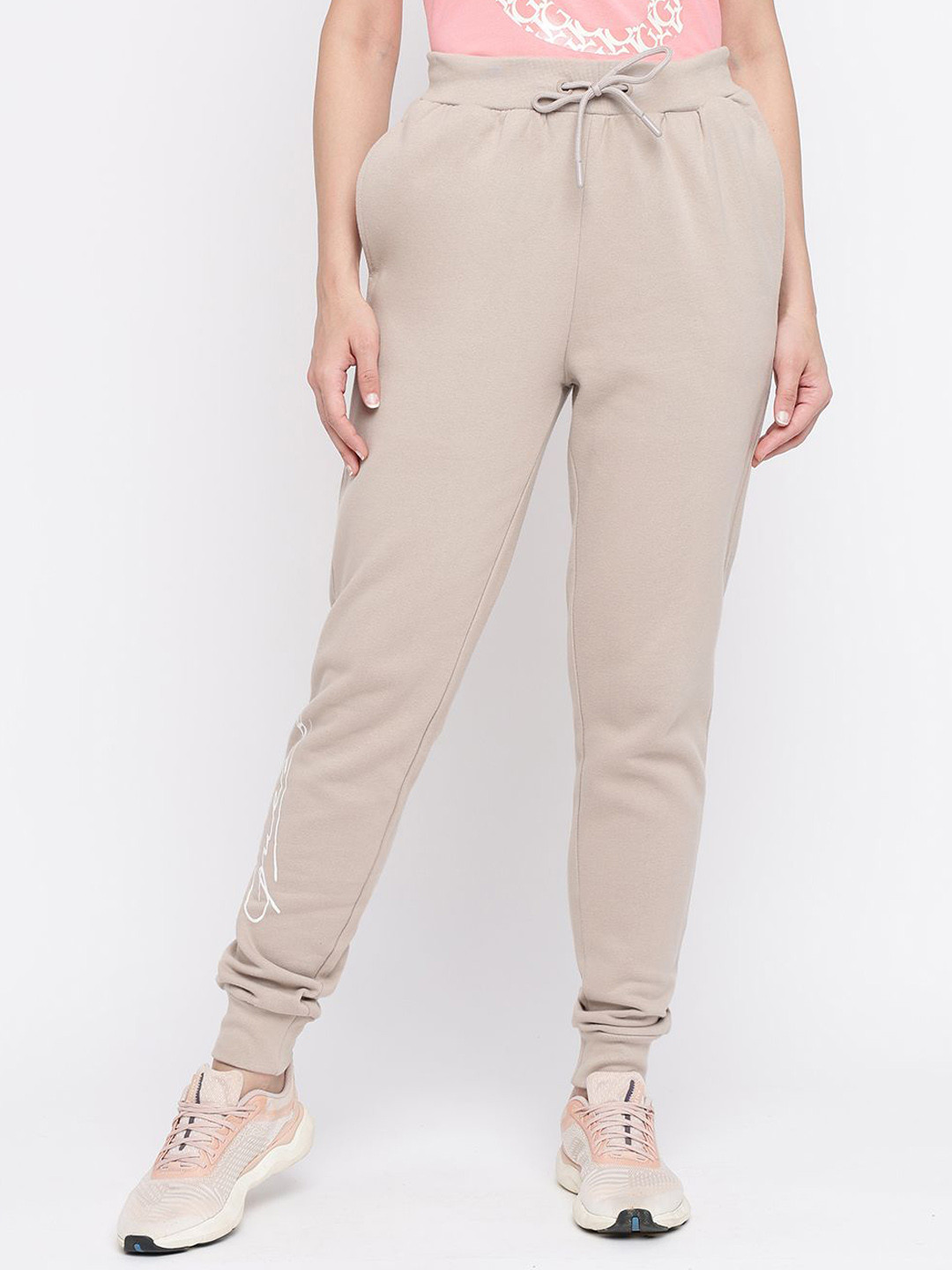 GUESS Women Pure Cotton Mid Rise Joggers with Drawstring Closure