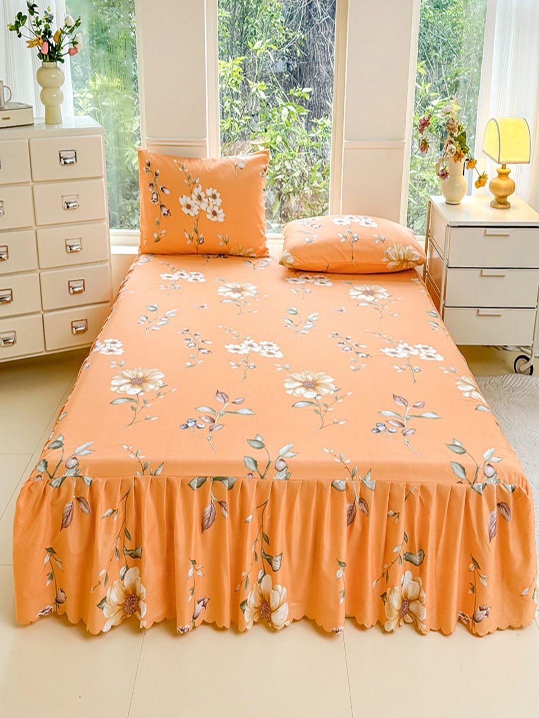 JC HOME Orange Floral 140 TC King Bedsheet Set-1.8m x 2m