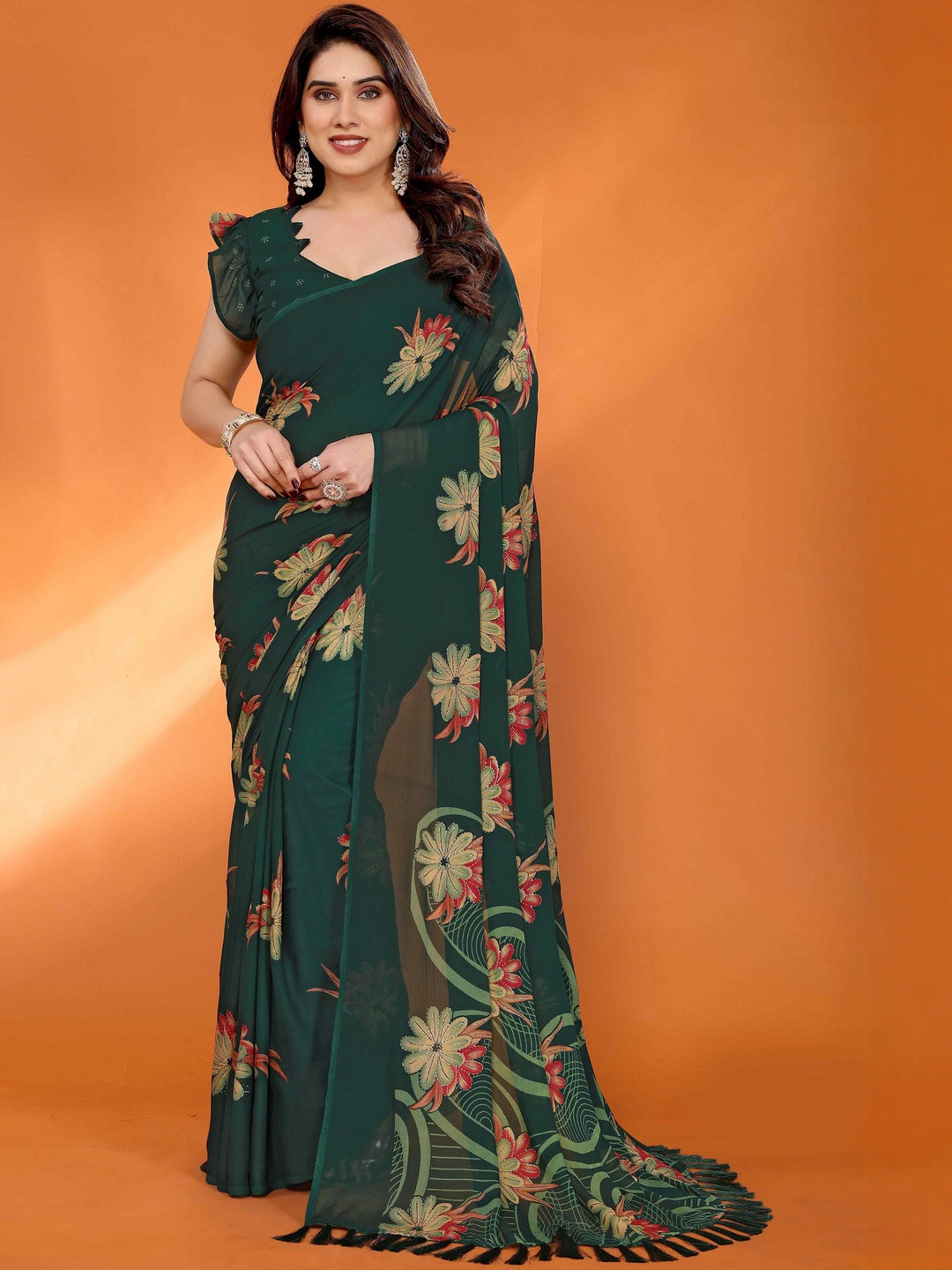 Green Floral Printed Satin Saree with Unstitched Blouse Piece