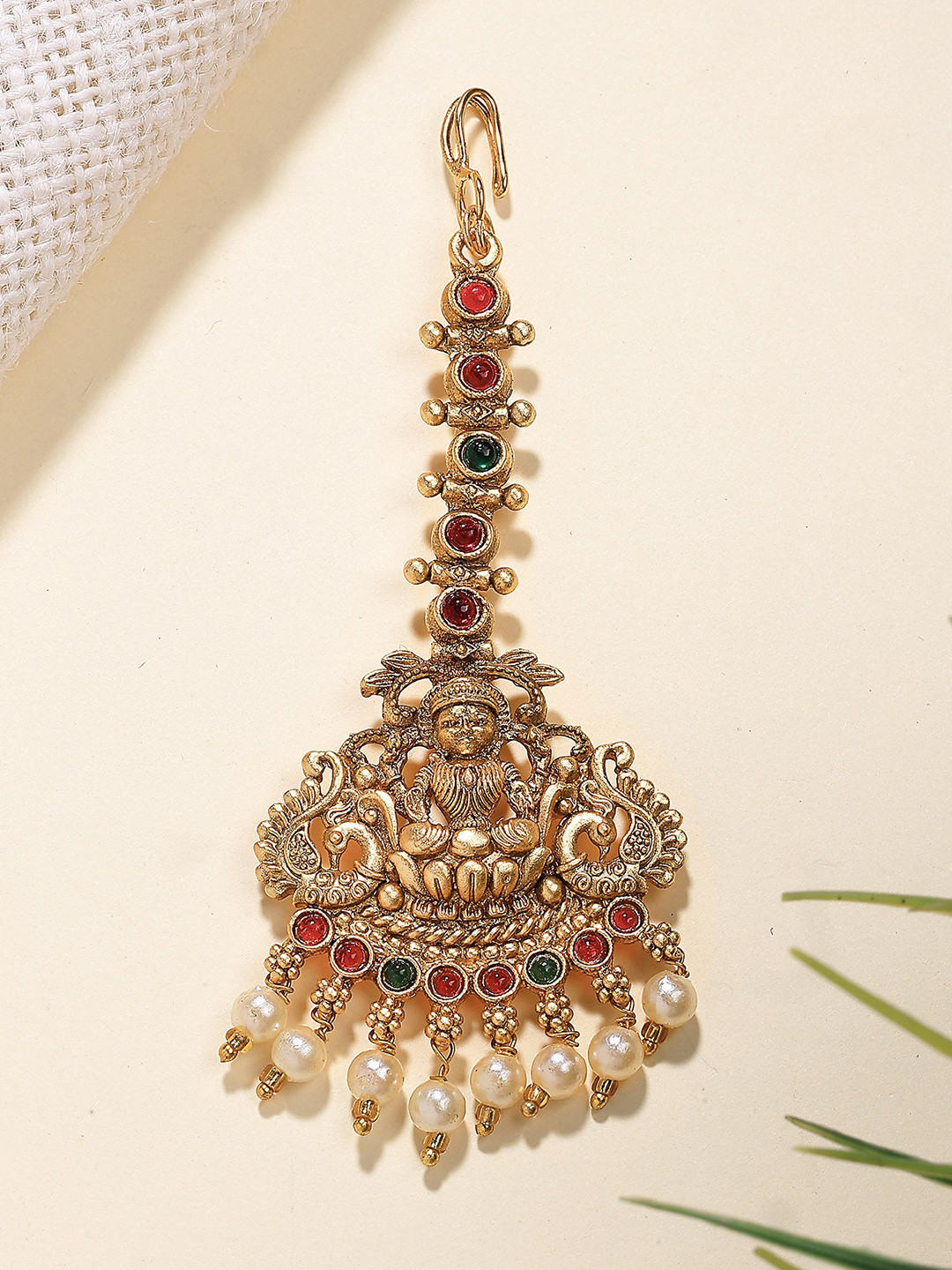 KARATCART Gold-Plated Artificial Stones Studded & Beaded Laxmi Mata Maang Tikka
