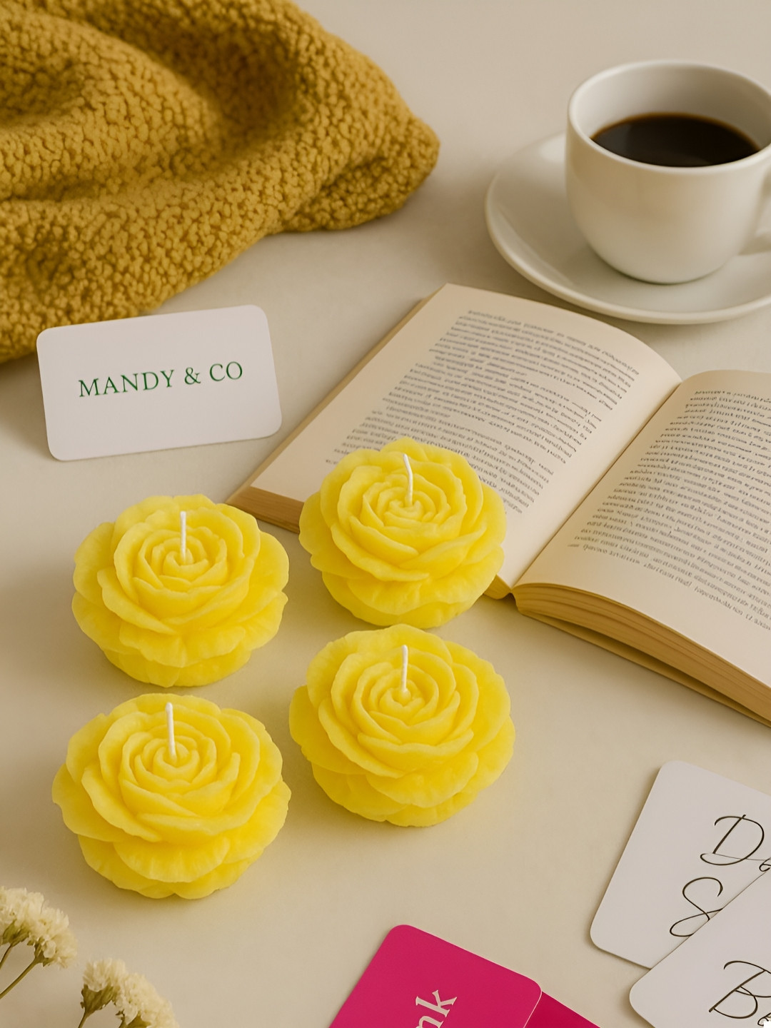 Mandy & Co Pack of 4 Flower Lead-Free Wick Tea Light Yellow Peony Soy Candle