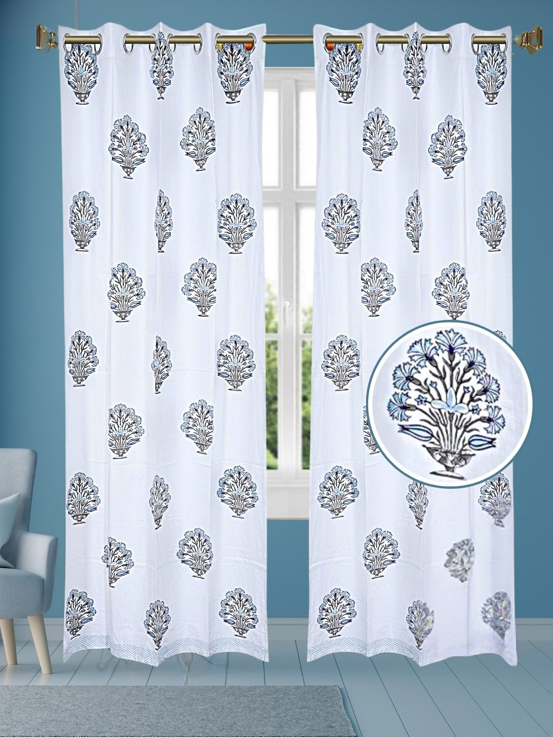LIVING ROOTS White & Blue 2 Pieces Floral Block Printed Elegant Cotton Door Curtains
