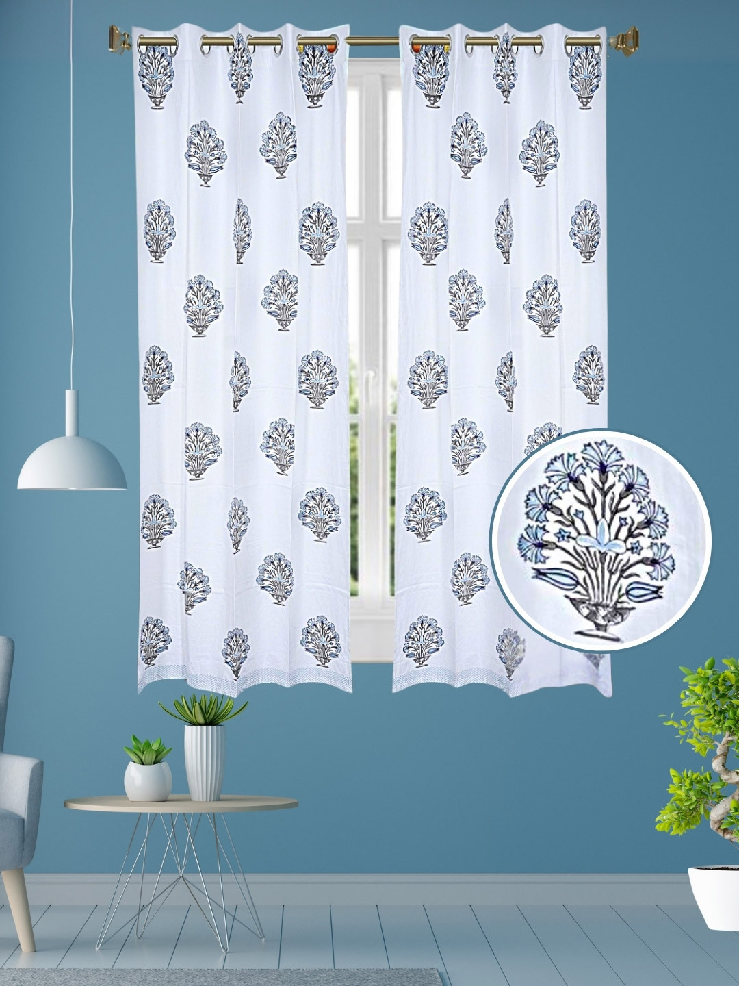 LIVING ROOTS White 2 Pieces Ethnic Motifs Block Printed Elegant Cotton Window Curtains