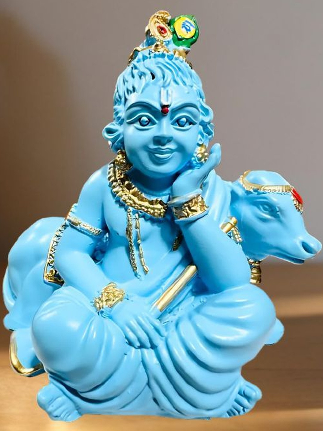 Tiny Shiny Blue Bal Gopal with Cow Murti Statue Showpiece