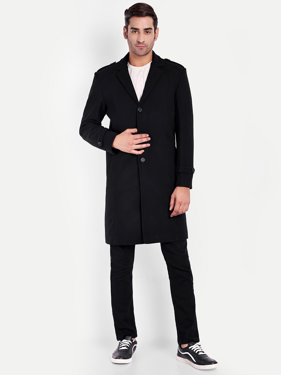 HAUTEMODA Men Notched Collar Single-Breasted Wool Long Trench Overcoat