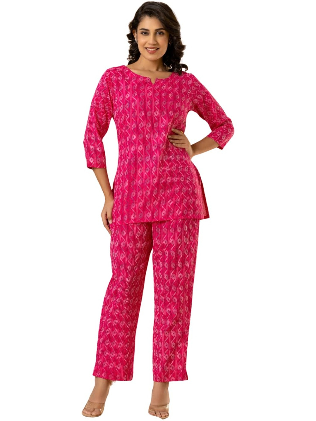 PUSHPRAJ FASHION Women's Katha Cotton Round Neck Half Sleeves Pritned Regular Fit Kurta Set (Red -2XL)