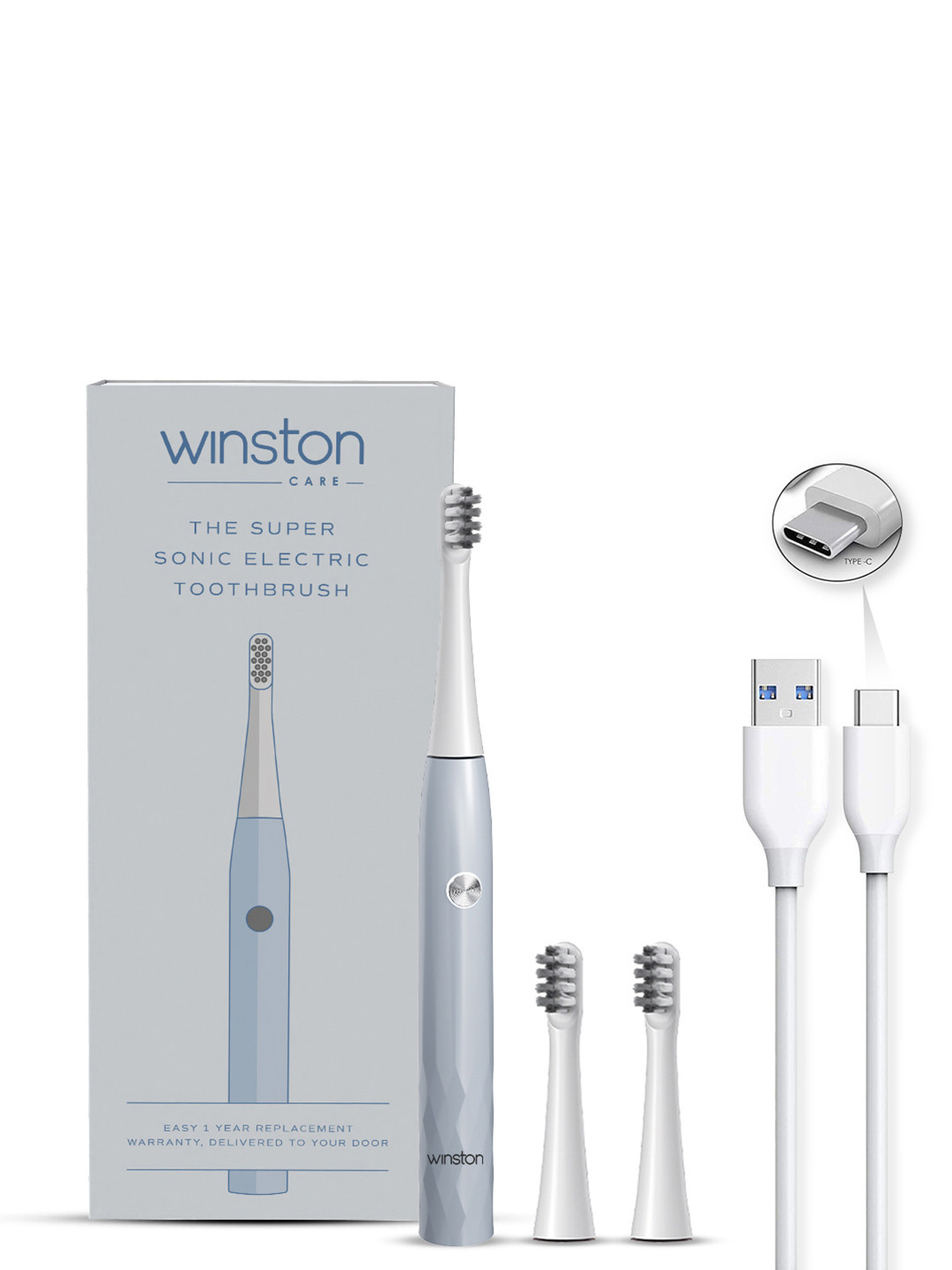WINSTON Super Sonic Electric Toothbrush with Soft Bristles & 3 Cleaning Modes - Blue