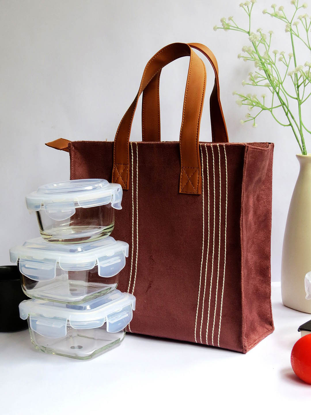 Mid July Home Striped Velvet Zipper Lunch Bag