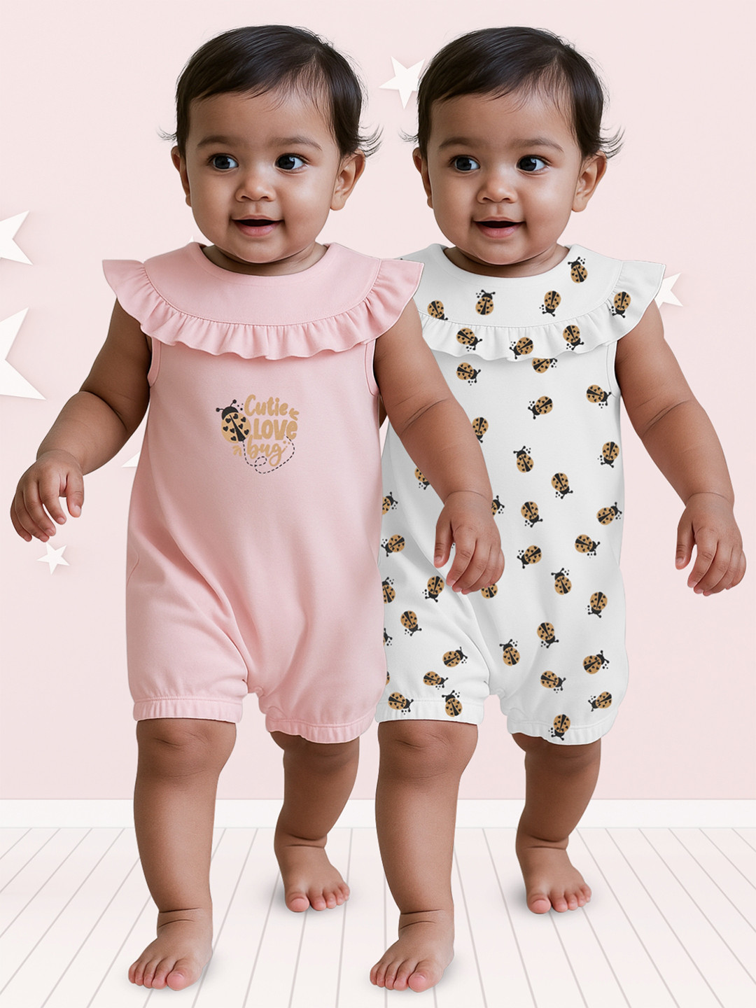 Nuego Infants Girls Pack Of 2 Animal Print Pure Cotton Rompers