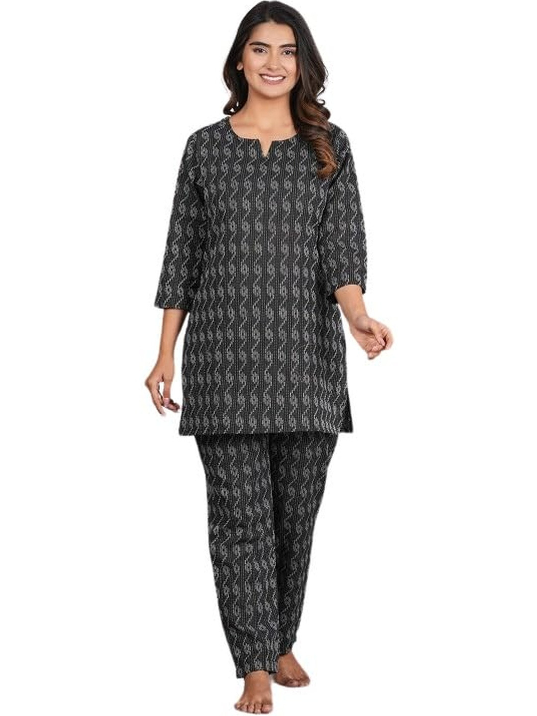 PUSHPRAJ FASHION Women's Cotton Round Neck Three-Quarter Sleeve Ethnic Motifs Printed Kurta Set (Black -2XL)