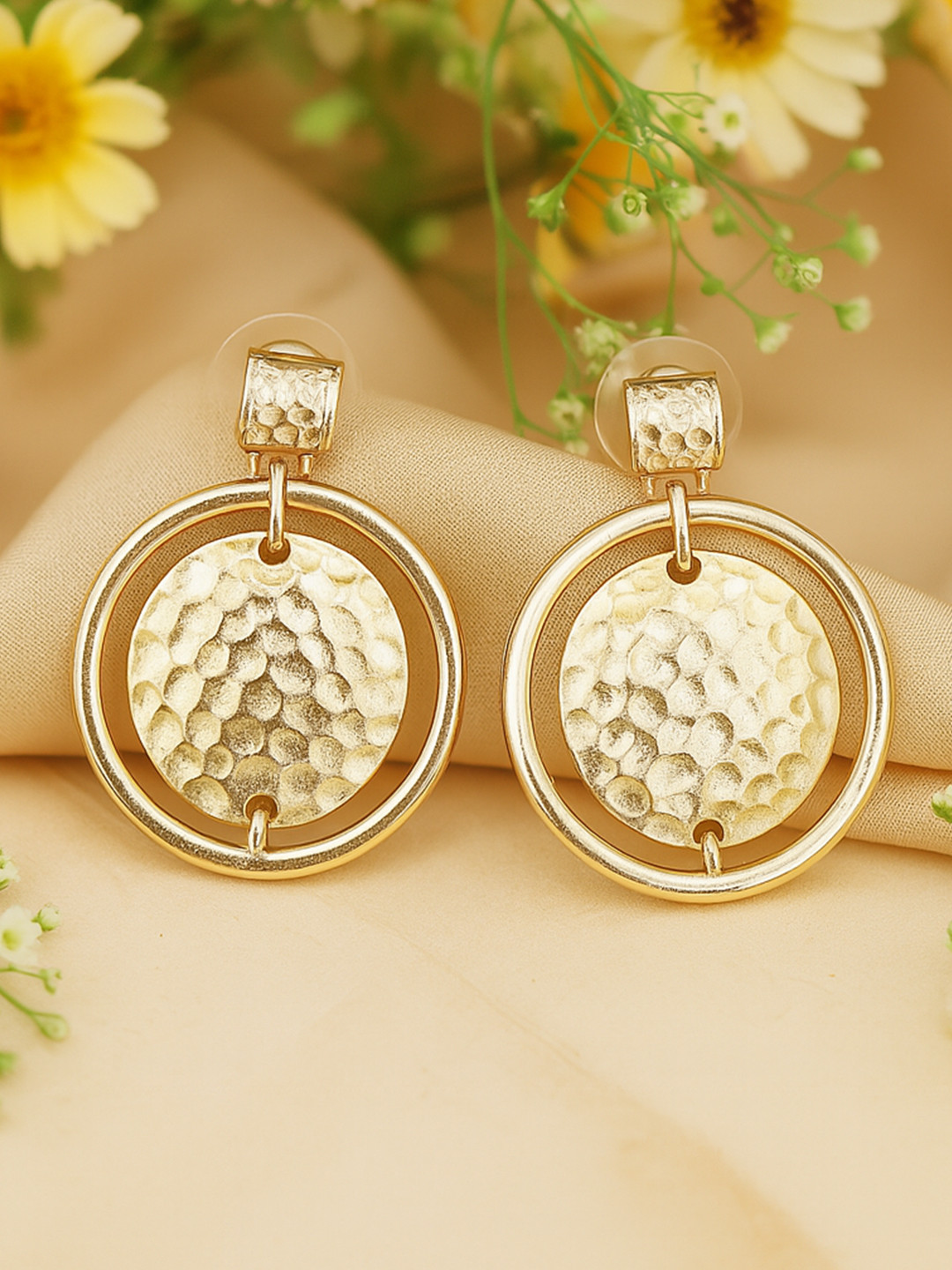 Estele Gold Plated Concentric Circular Beaten Gold Earrings