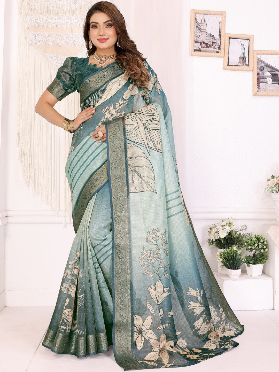 Blue Mulberry Silk Digital Printed Saree With Contrast Blouse Piece