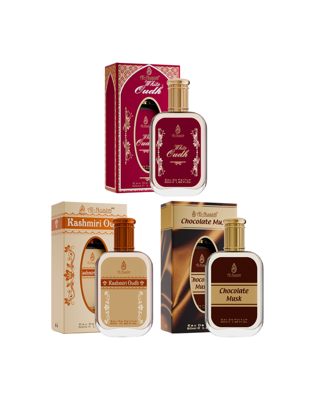 Al-Nuaim Set Of 3 Eau de Parfum 50ml Each - White Oudh, Kashmiri Oudh & Chocolate Musk