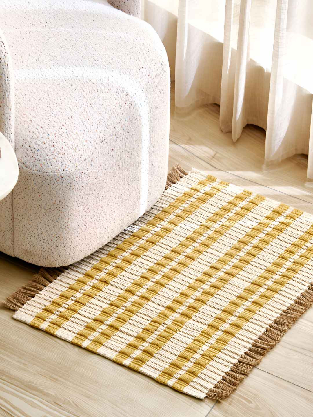 Home Centre Natura Juno Yellow & Beige Woven-Designed Jute Eco-Friendly Reversible Dhurrie